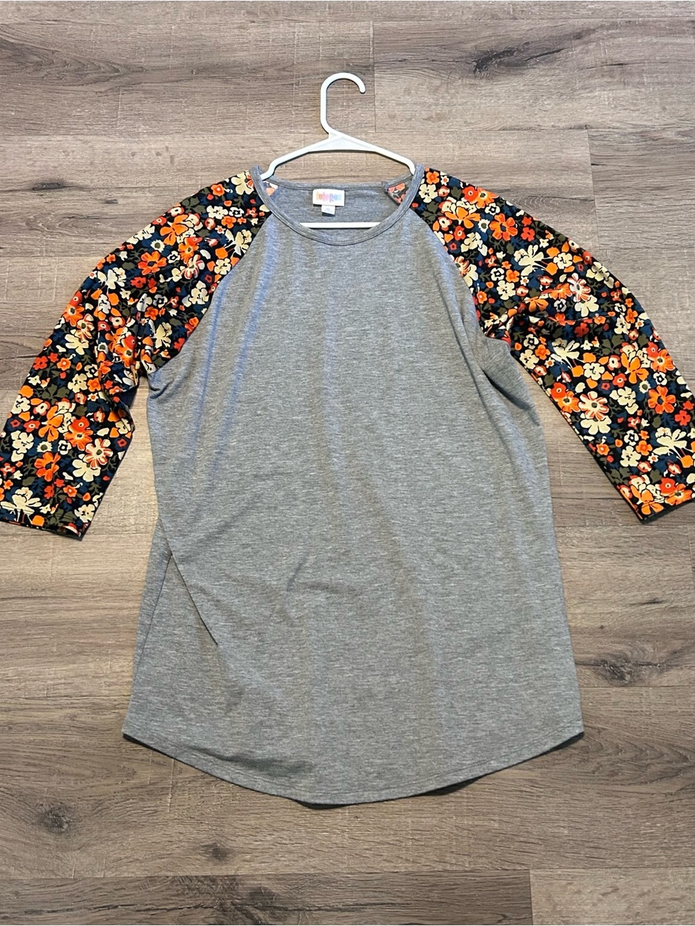 LuLaRoe Gray Raglan Top with Floral Orange Black Sleeves